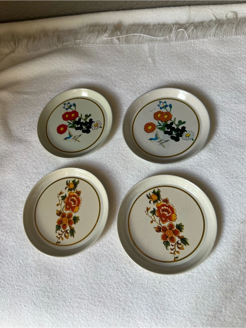 Vintage Floral tin Coasters - White with Orange & Red Floral Design